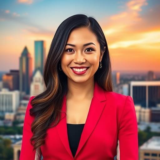 Professional headshot of Sarah Chen, a vibrant real estate agent, against the Austin skyline.
