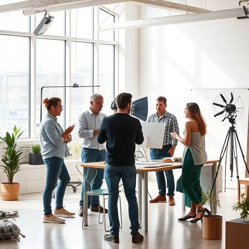 Team of creative professionals collaborating in a modern studio space.
