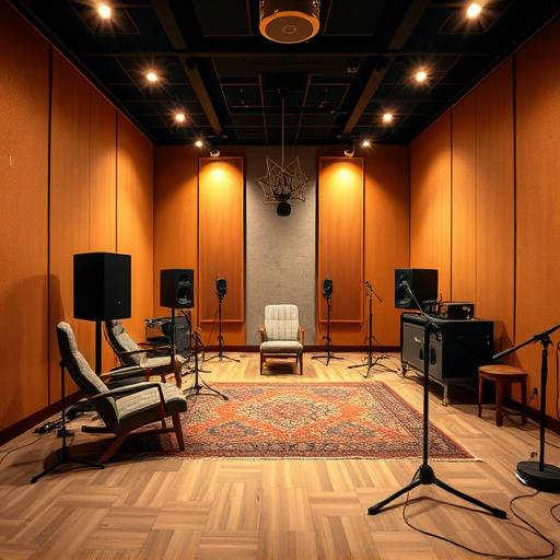 Wide angle of a recording studio's setup, showing high-end equipment and acoustic treatment.